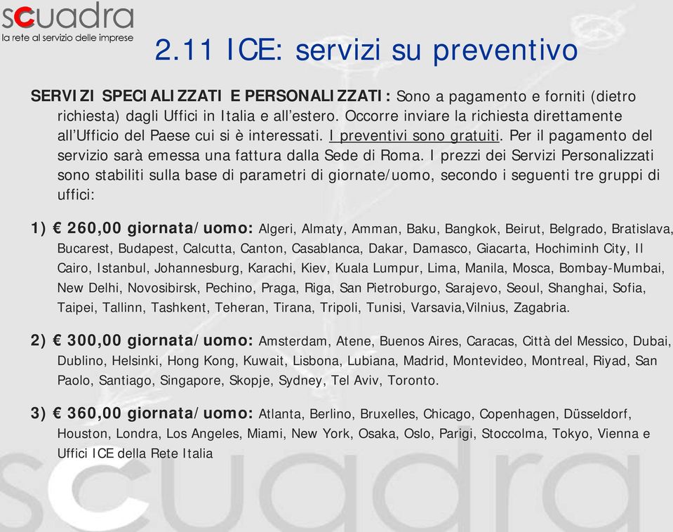 I prezzi dei Servizi Personalizzati sono stabiliti sulla base di parametri di giornate/uomo, secondo i seguenti tre gruppi di uffici: 1) 260,00 giornata/uomo: Algeri, Almaty, Amman, Baku, Bangkok,