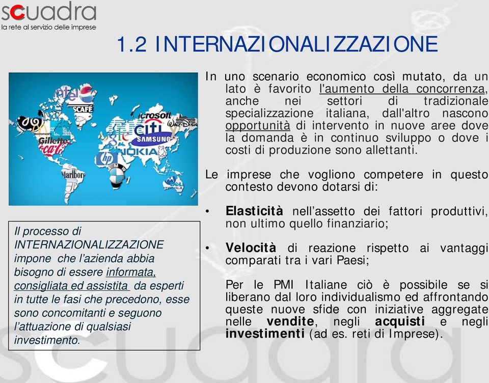 Le imprese che vogliono competere in questo contesto devono dotarsi di: Il processo di INTERNAZIONALIZZAZIONE impone che l azienda abbia bisogno di essere informata, consigliata ed assistita da