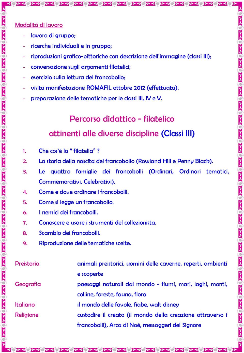 Percorso didattico - filatelico attinenti alle diverse discipline (Classi III) 1. Che cos è la filatelia? 2. La storia della nascita del francobollo (Rowland Hill e Penny Black). 3.