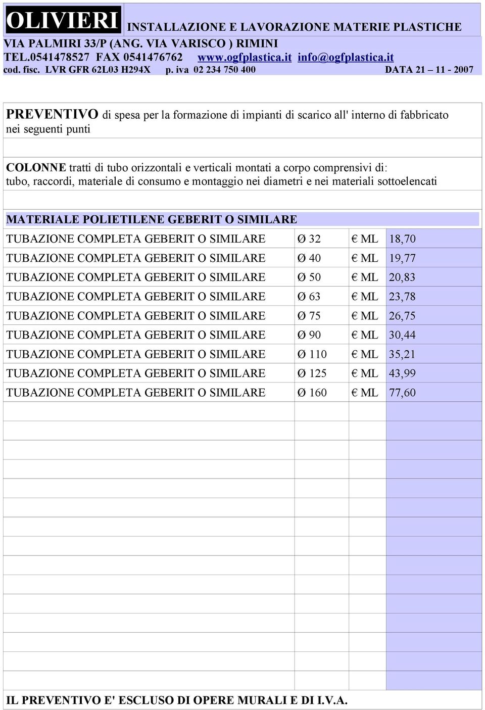 TUBAZIONE COMPLETA GEBERIT O SIMILARE Ø 75 ML 26,75 TUBAZIONE COMPLETA GEBERIT O SIMILARE Ø 90 ML 30,44 TUBAZIONE COMPLETA