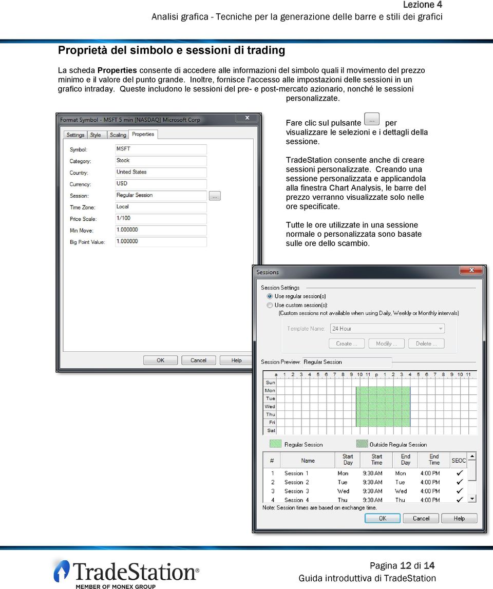 Fare clic sul pulsante per visualizzare le selezioni e i dettagli della sessione. TradeStation consente anche di creare sessioni personalizzate.