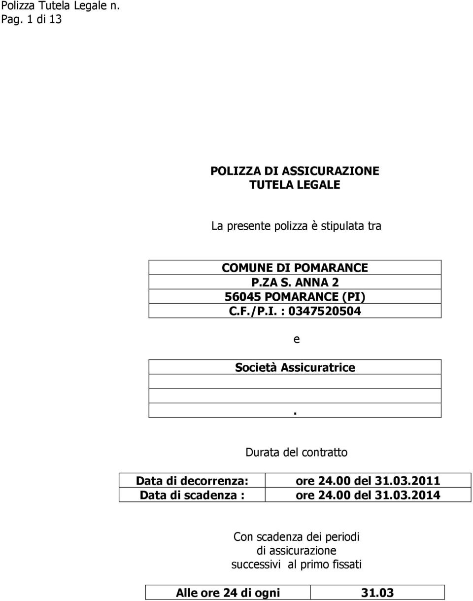 Durata del contratto Data di decorrenza: ore 24.00 del 31.03.2011 Data di scadenza : ore 24.