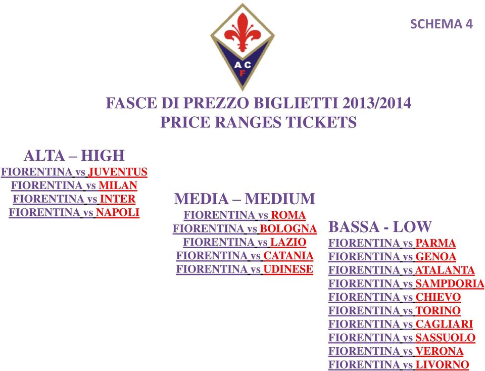 vs CATANIA FIORENTINA vs UDINESE BASSA - LOW FIORENTINA vs PARMA FIORENTINA vs GENOA FIORENTINA vs ATALANTA FIORENTINA vs