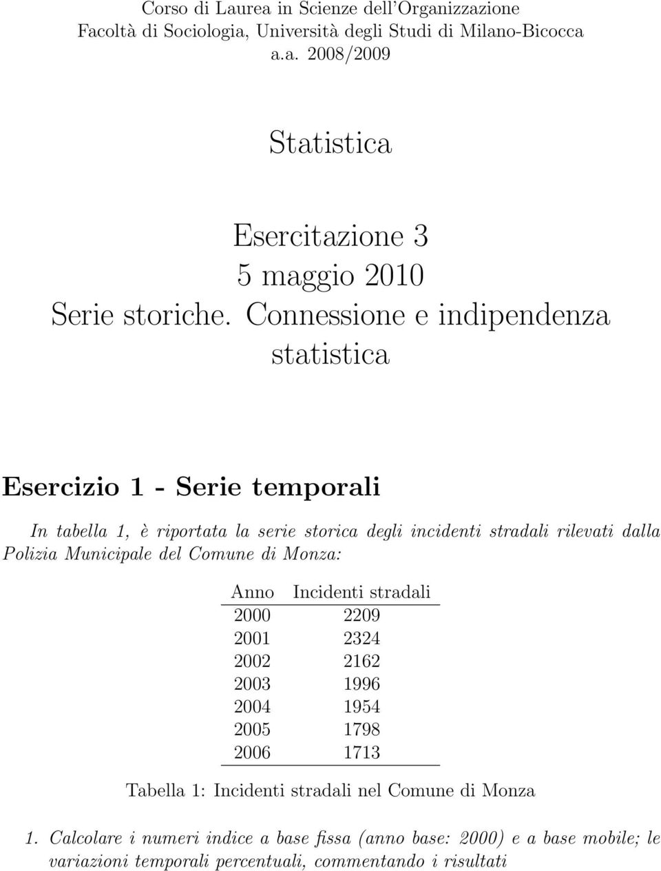 Municipale del Comune di Monza: Anno Incidenti stradali 2000 2209 2001 2324 2002 2162 2003 1996 2004 1954 2005 1798 2006 1713 Tabella 1: Incidenti stradali nel