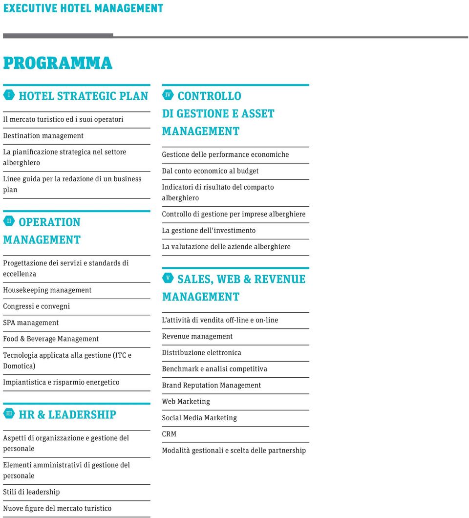 Tecnologia applicata alla gestione (ITC e Domotica) Impiantistica e risparmio energetico IV Controllo di Gestione e Asset Management Gestione delle performance economiche Dal conto economico al