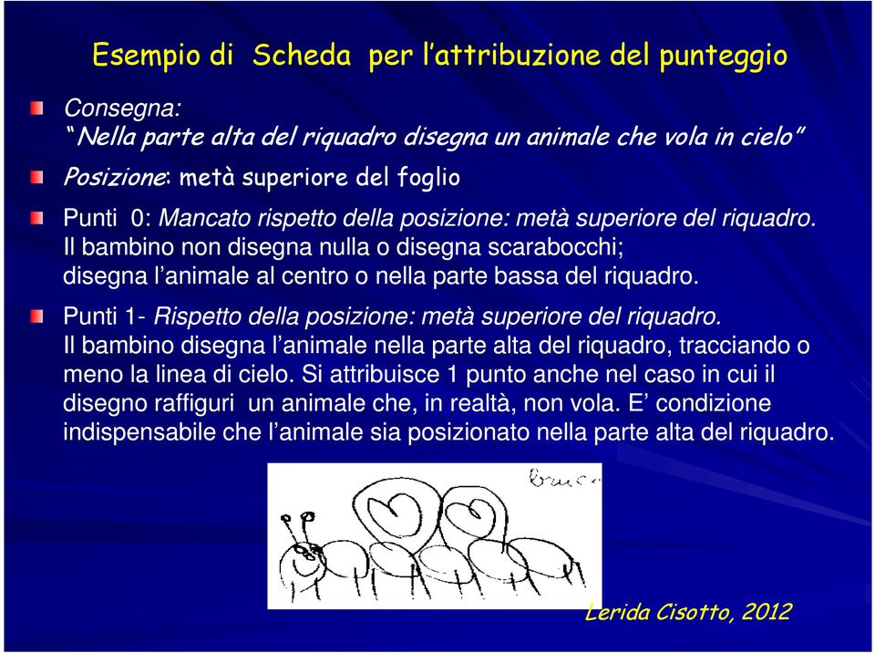 Punti 1- Rispetto della posizione: metà superiore del riquadro. Il bambino disegna l animale nella parte alta del riquadro, tracciando o meno la linea di cielo.