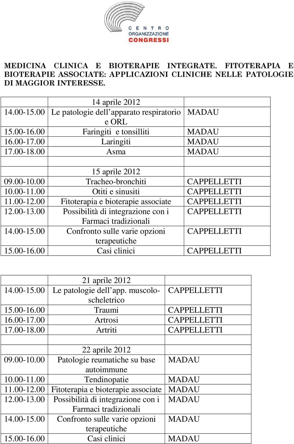 00 Tracheo-bronchiti CAPPELLETTI 10.00-11.00 Otiti e sinusiti CAPPELLETTI 11.00-12.00 Fitoterapia e bioterapie associate CAPPELLETTI 12.00-13.