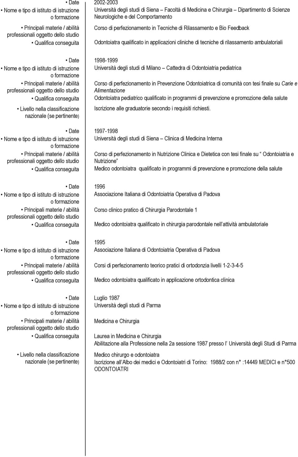 1998-1999 Nome e tipo di istituto di istruzione Università degli studi di Milano Cattedra di Odontoiatria pediatrica Principali materie / abilità Corso di perfezionamento in Prevenzione Odontoiatrica