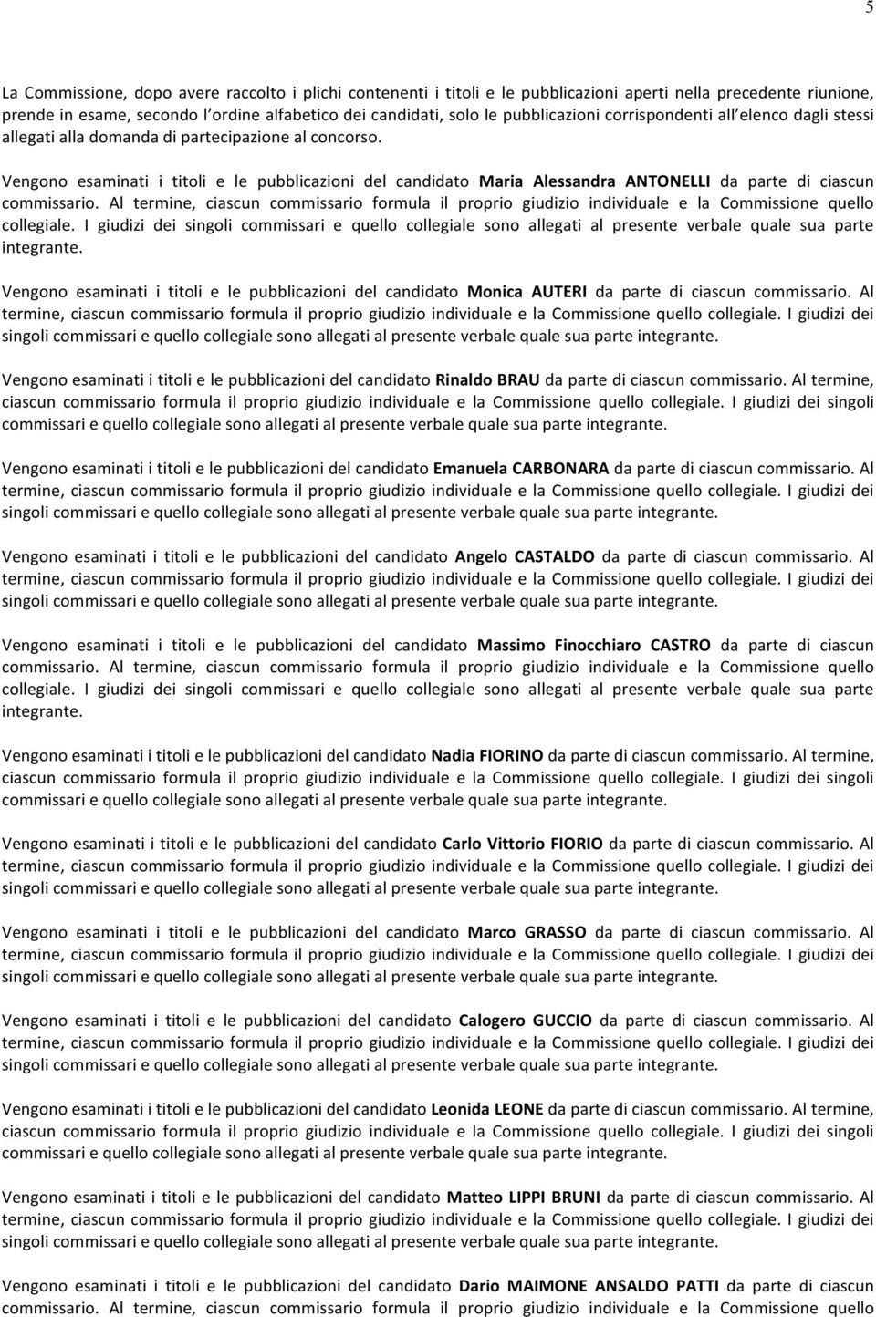 Vengono esaminati i titoli e le pubblicazioni del candidato Maria Alessandra ANTONELLI da parte di ciascun commissario.