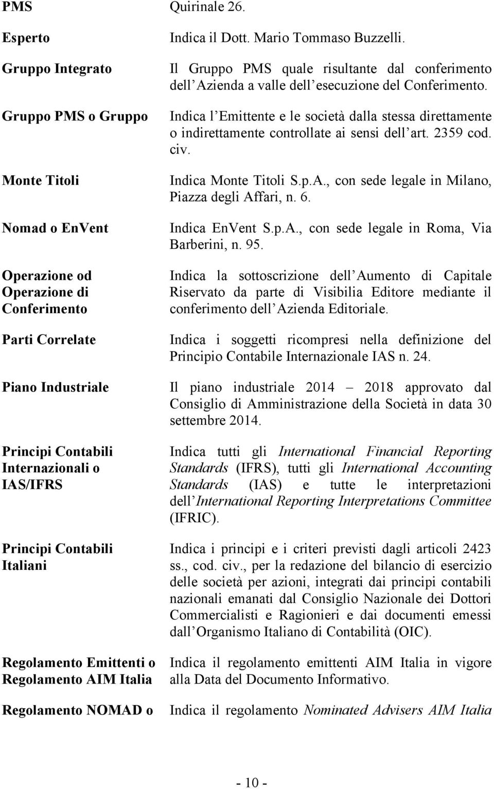 Principi Contabili Italiani Regolamento Emittenti o Regolamento AIM Italia Regolamento NOMAD o Indica il Dott. Mario Tommaso Buzzelli.