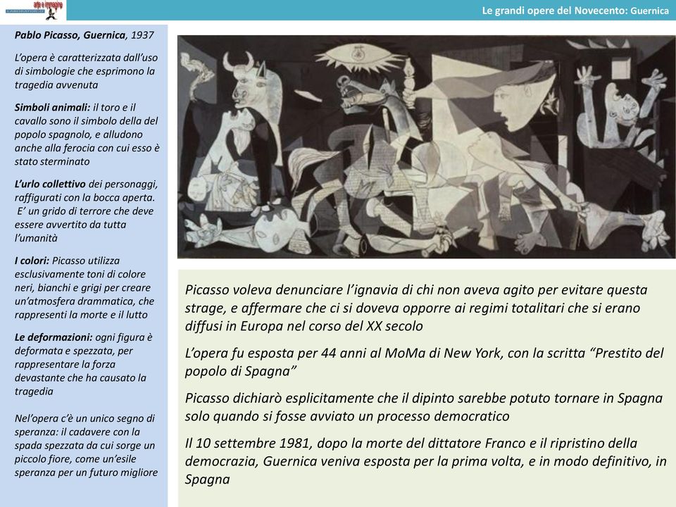 E un grido di terrore che deve essere avvertito da tutta l umanità I colori: Picasso utilizza esclusivamente toni di colore neri, bianchi e grigi per creare un atmosfera drammatica, che rappresenti