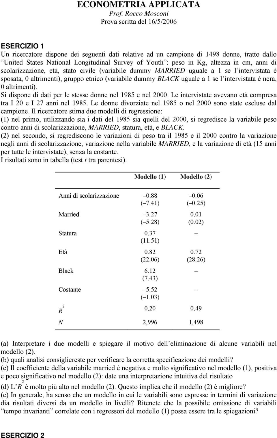 nera, 0 altrimenti). Si dispone di dati per le stesse donne nel 1985 e nel 2000. Le intervistate avevano età compresa tra I 20 e I 27 anni nel 1985.