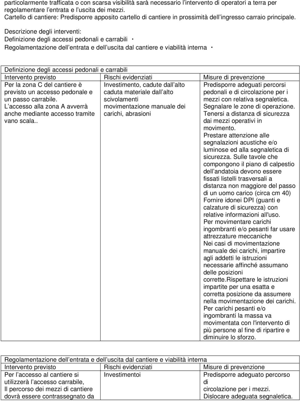 Descrizione degli interventi: Definizione degli accessi pedonali e carrabili Regolamentazione dell entrata e dell uscita dal cantiere e viabilità interna Definizione degli accessi pedonali e