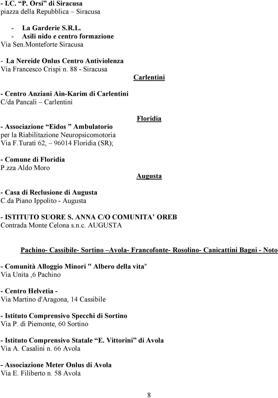 88 - Siracusa Carlentini - Centro Anziani Ain-Karim di Carlentini C/da Pancali Carlentini - Associazione Eidos Ambulatorio per la Riabilitazione Neuropsicomotoria Via F.