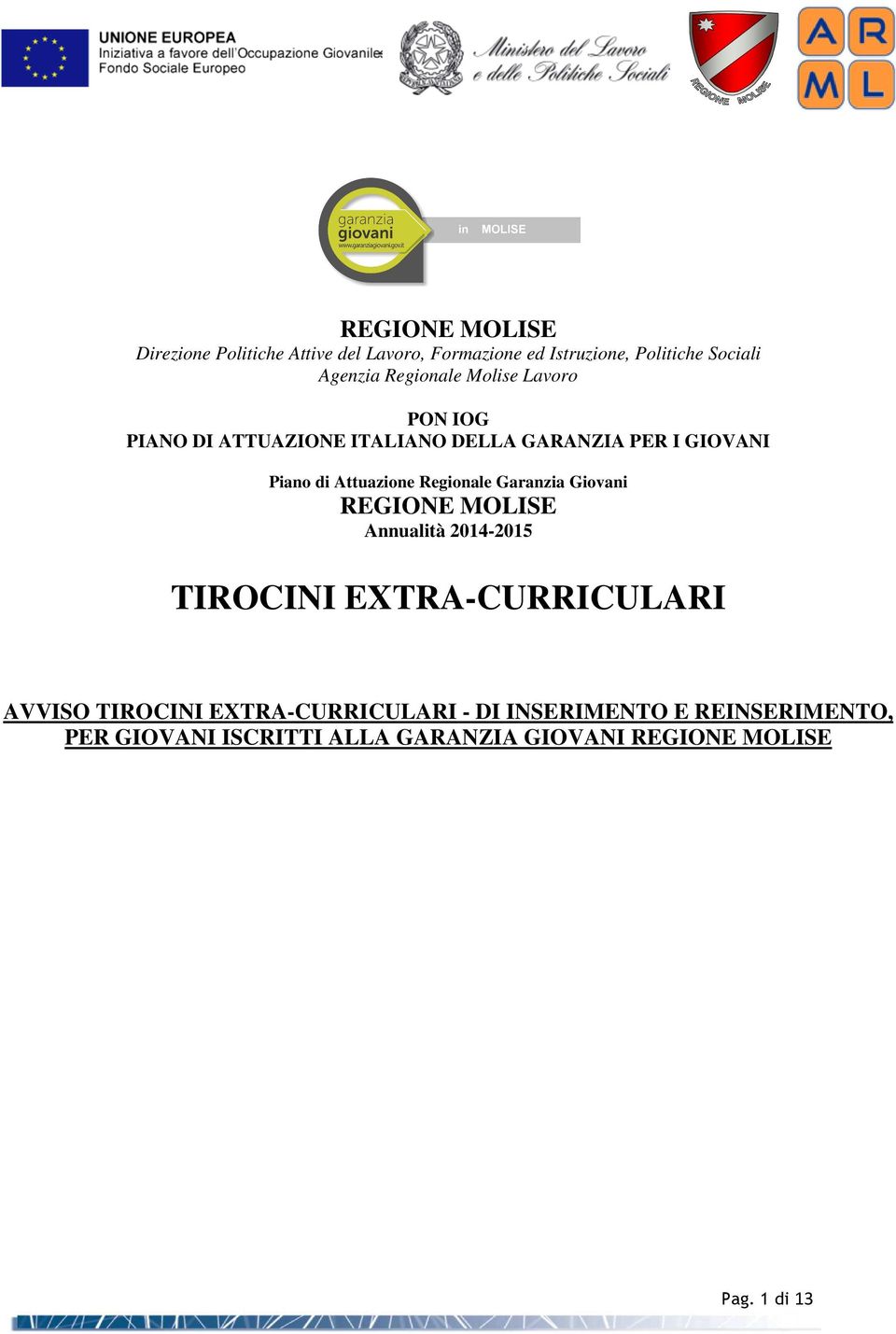 Regionale Garanzia Giovani REGIONE MOLISE Annualità 2014-2015 TIROCINI EXTRA-CURRICULARI AVVISO TIROCINI