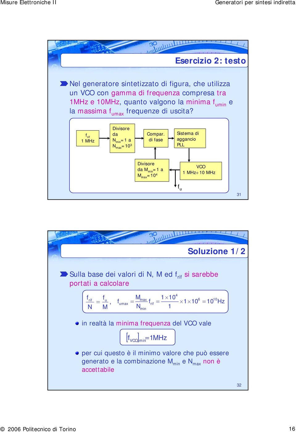 di fase Sistema di aggancio PLL Divisore da M min =1 a M max =10 4 VCO 1 MHz 10 MHz f u 31 Soluzione 1/2 Sulla base dei valori di N, M ed f si sarebbe portati a calcolare 4