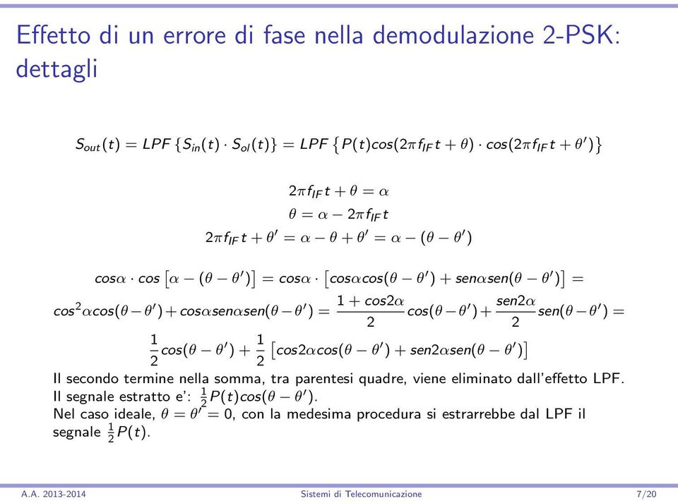 sen(θ θ ) = 2 2 1 2 cos(θ θ ) + 1 [ cos2αcos(θ θ ) + sen2αsen(θ θ ) ] 2 Il secondo termine nella somma, tra parentesi quadre, viene eliminato dall effetto LPF.