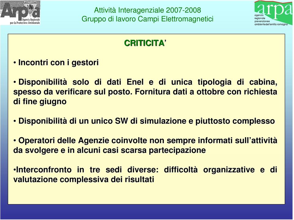 Fornitura dati a ottobre con richiesta di fine giugno Disponibilità di un unico SW di simulazione e piuttosto complesso