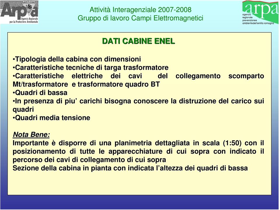 sui quadri Quadri media tensione Nota Bene: Importante è disporre di una planimetria dettagliata in scala (1:50) con il posizionamento di tutte le