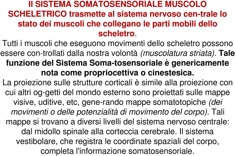 Tale funzione del Sistema Soma-tosensoriale è genericamente nota come propriocettiva o cinestesica.