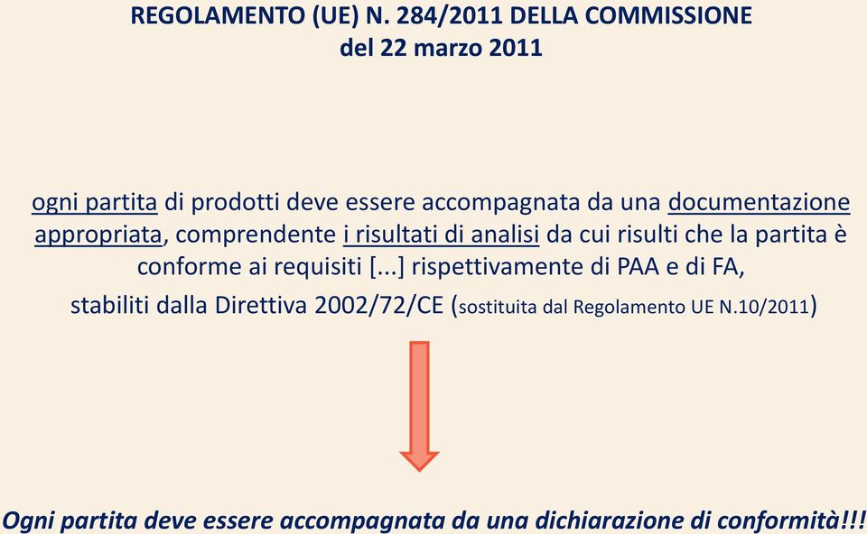 documentazione appropriata, comprendente i risultati di analisi da cui risulti che la partita è conforme ai