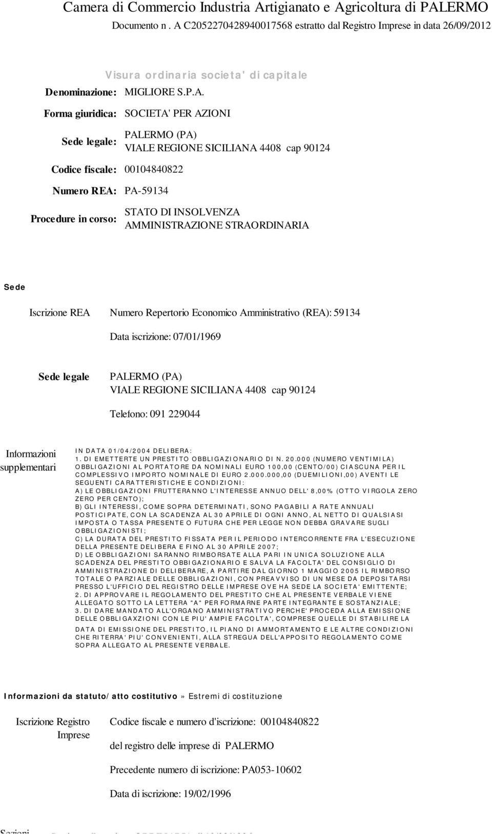 (PA) VIALE REGIONE SICILIANA 4408 cap 90124 Codice fiscale: 00104840822 Numero REA: PA-59134 Procedure in corso: STATO DI INSOLVENZA AMMINISTRAZIONE STRAORDINARIA Sede Iscrizione REA Numero