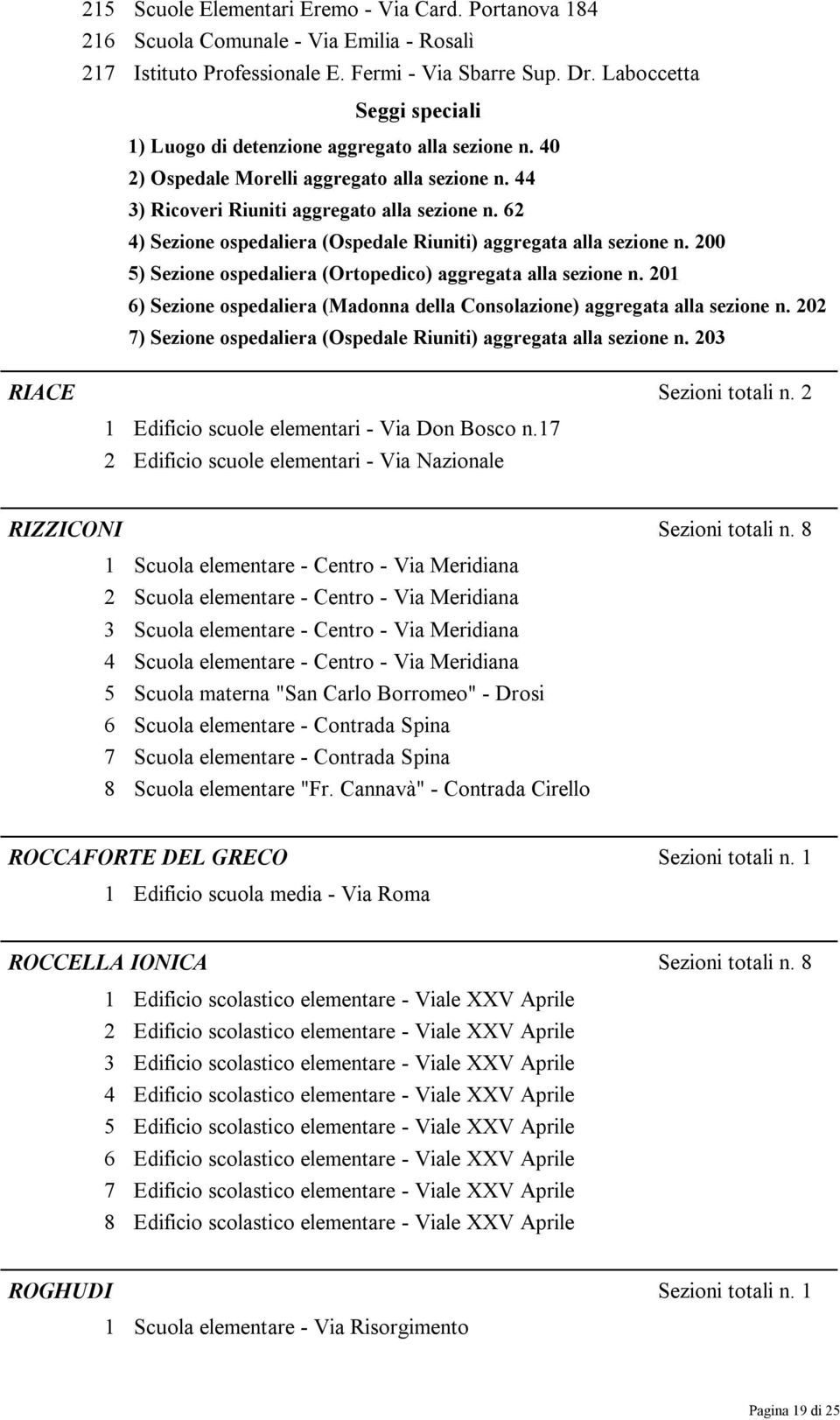 62 4) Sezione ospedaliera (Ospedale Riuniti) aggregata alla sezione n. 200 5) Sezione ospedaliera (Ortopedico) aggregata alla sezione n.