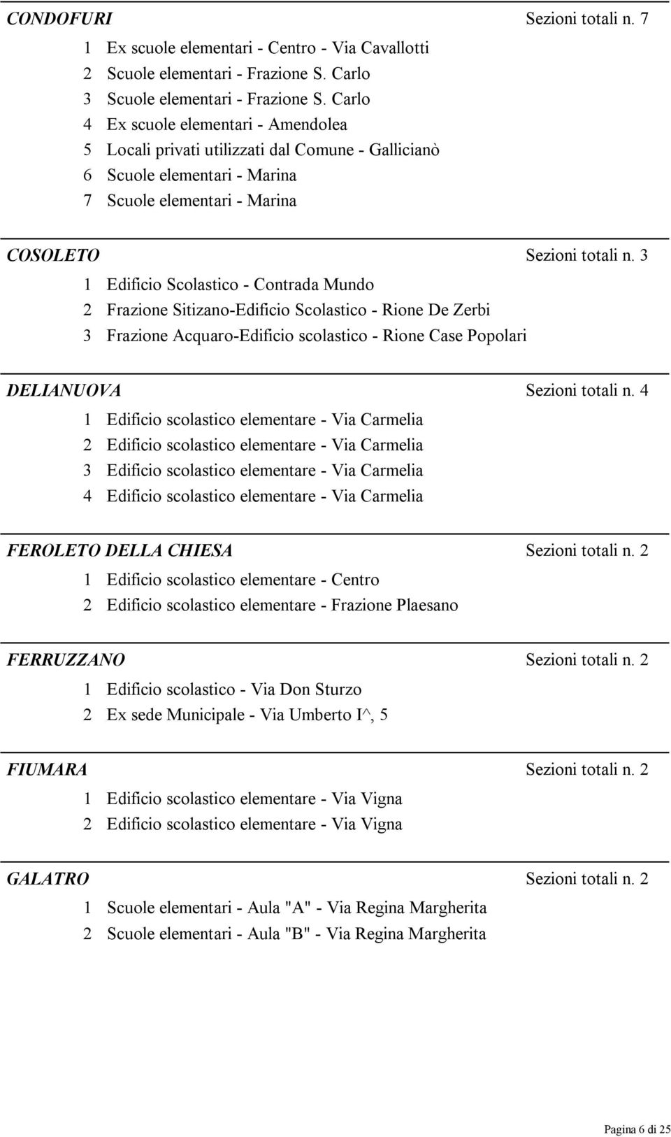 3 1 Edificio Scolastico - Contrada Mundo 2 Frazione Sitizano-Edificio Scolastico - Rione De Zerbi 3 Frazione Acquaro-Edificio scolastico - Rione Case Popolari DELIANUOVA Sezioni totali n.