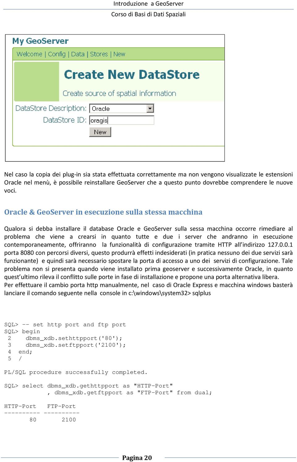 Oracle & GeoServer in esecuzione sulla stessa macchina Qualora si debba installare il database Oracle e GeoServer sulla sessa macchina occorre rimediare al problema che viene a crearsi in quanto