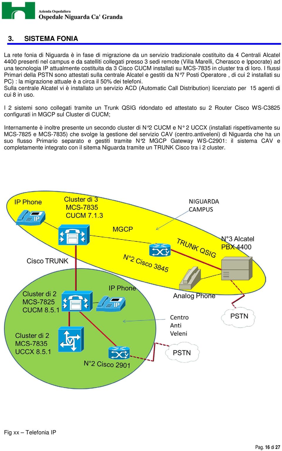 I flussi Primari della PSTN sono attestati sulla centrale Alcatel e gestiti da N 7 Posti Operatore, di cui 2 installati su PC) : la migrazione attuale è a circa il 50% dei telefoni.