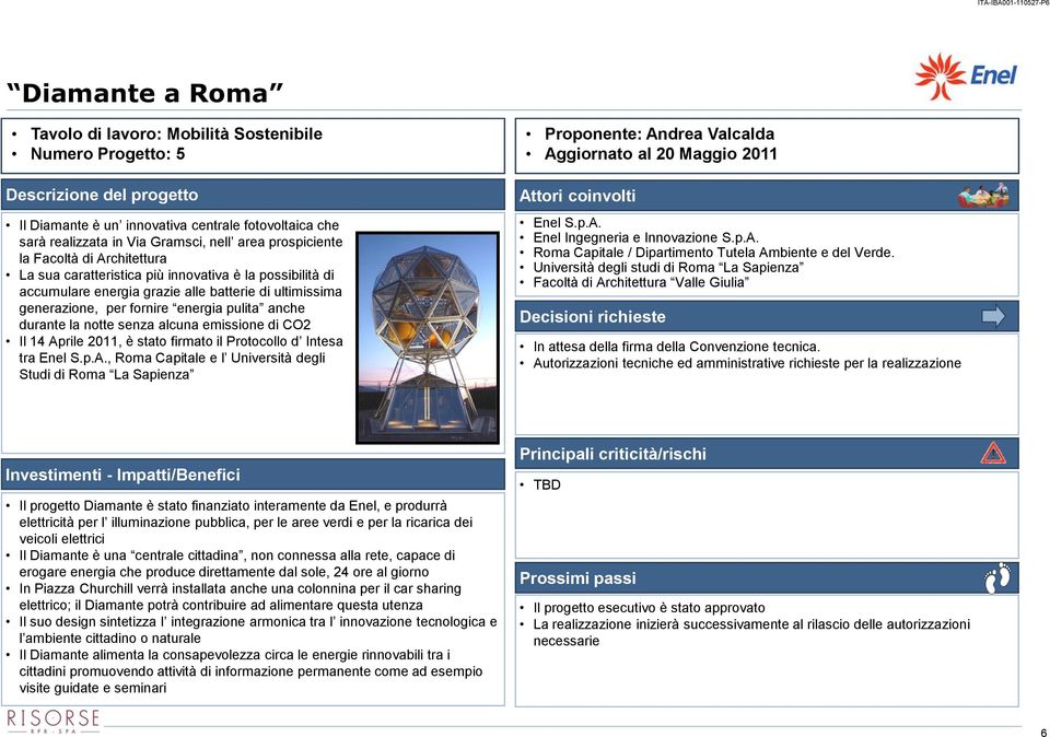 durante la notte senza alcuna emissione di CO2 Il 14 Aprile 2011, è stato firmato il Protocollo d Intesa tra Enel S.p.A., Roma Capitale e l Università degli Studi di Roma La Sapienza Proponente: Andrea Valcalda Aggiornato al 20 Maggio 2011 Enel S.