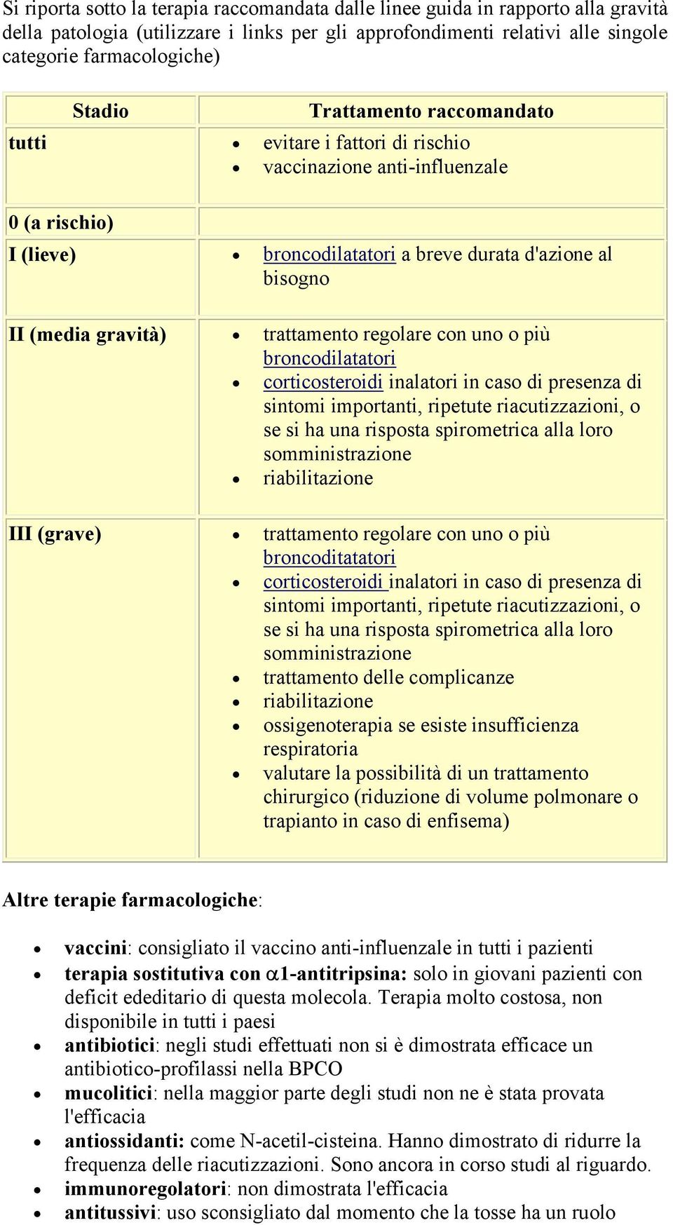 regolare con uno o più broncodilatatori corticosteroidi inalatori in caso di presenza di sintomi importanti, ripetute riacutizzazioni, o se si ha una risposta spirometrica alla loro somministrazione