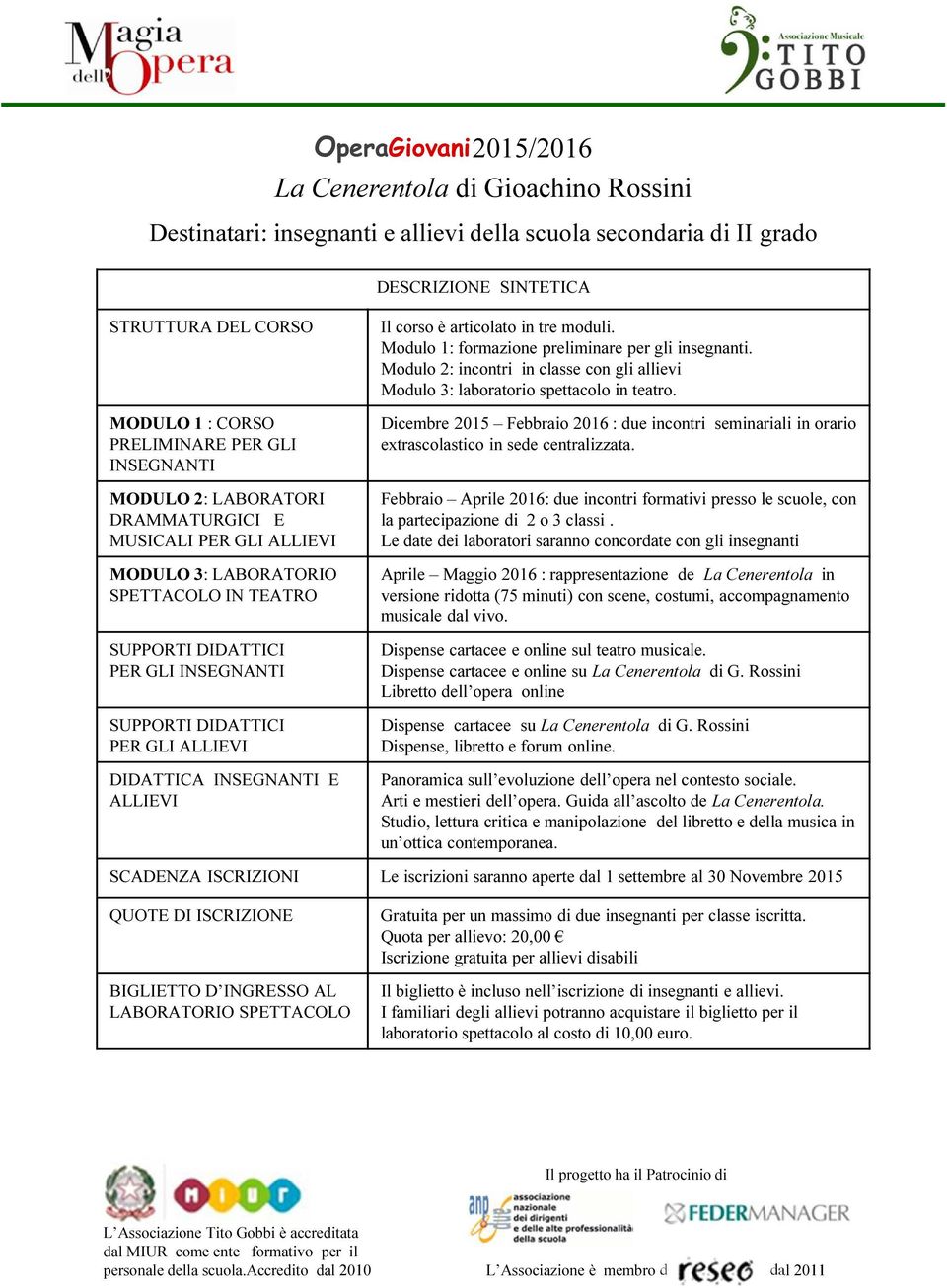 Modulo 2: incontri in classe con gli allievi Modulo 3: laboratorio spettacolo in teatro. Dicembre 2015 Febbraio 2016 : due incontri seminariali in orario extrascolastico in sede centralizzata.