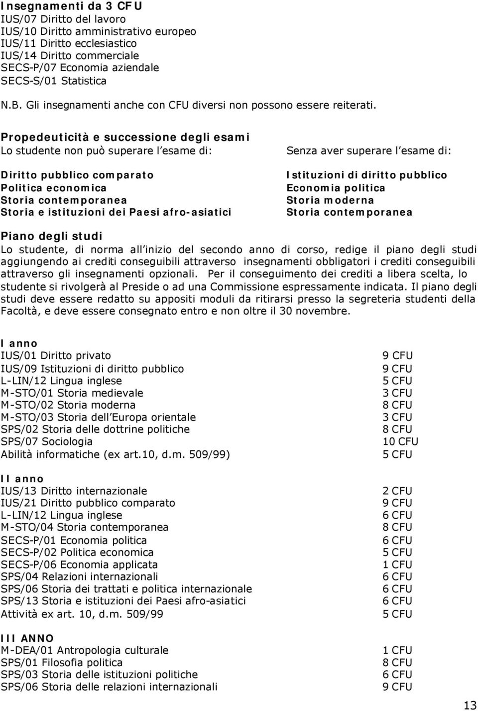 Propedeuticità e successione degli esami Lo studente non può superare l esame di: Diritto pubblico comparato Politica economica Storia contemporanea Storia e istituzioni dei Paesi afro-asiatici Senza