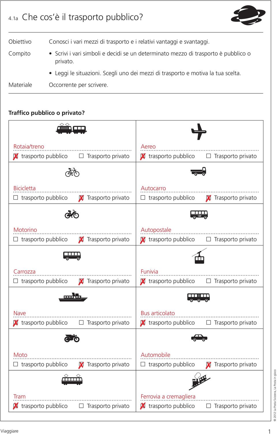 Scegli uno dei mezzi di trasporto e motiva la tua scelta. Occorrente per scrivere. Traffico pubblico o privato?