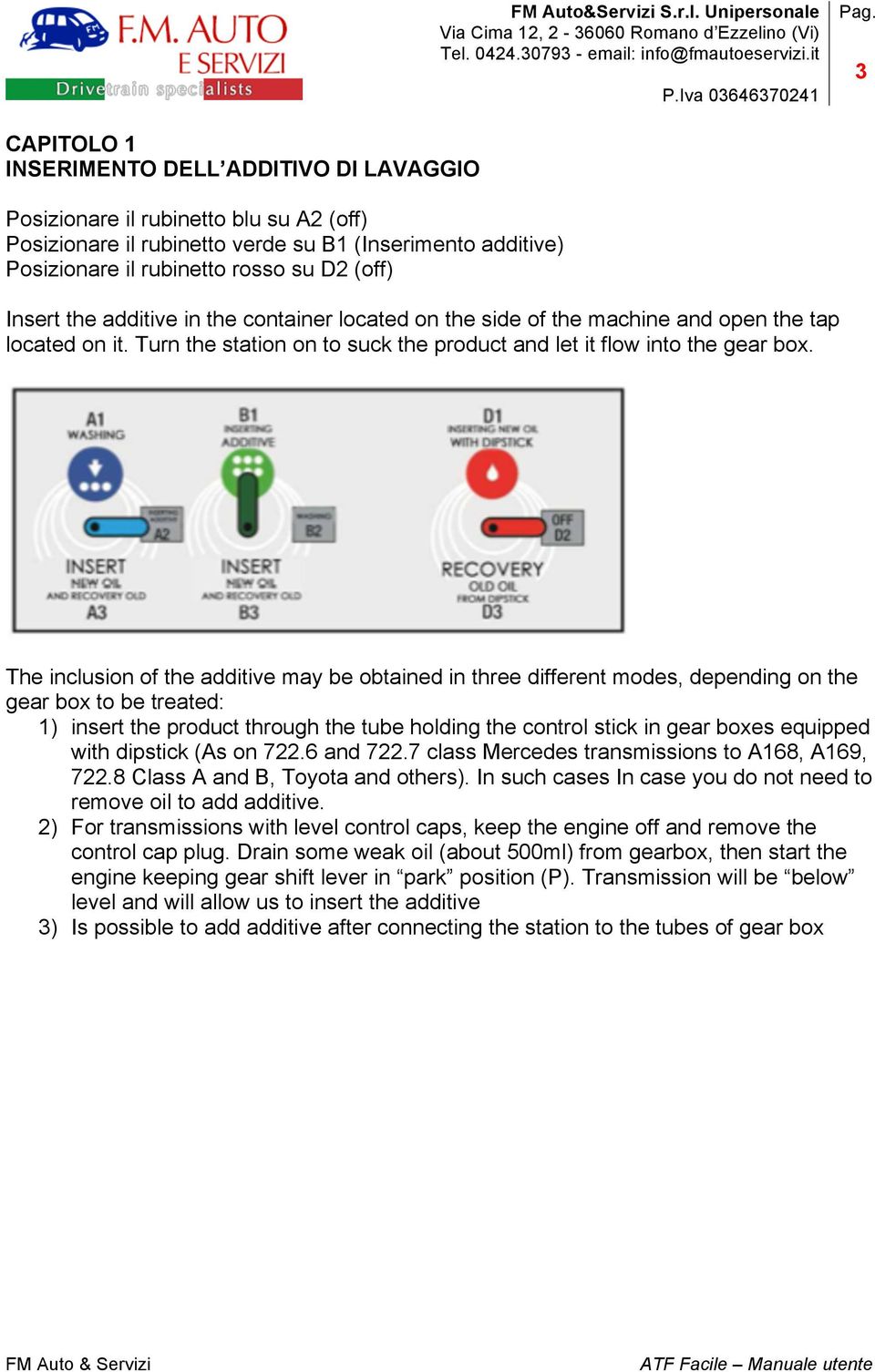 The inclusion of the additive may be obtained in three different modes, depending on the gear box to be treated: 1) insert the product through the tube holding the control stick in gear boxes