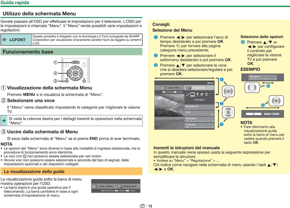 LCFONT Funzionamento base Questo prodotto è integrato con la tecnologia LC Font sviluppata da SHARP Corporation per visualizzare chiaramente caratteri facili da leggere su schermi LCD.