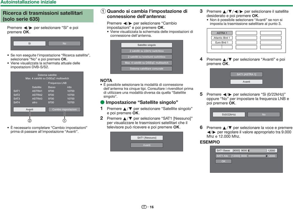 4 satelliti su DiSEqC multiswitch Frequenza LNB Satellite Basso Alto Cambio impostazioni È necessario completare Cambio impostazioni prima di passare all'impostazione Avanti.