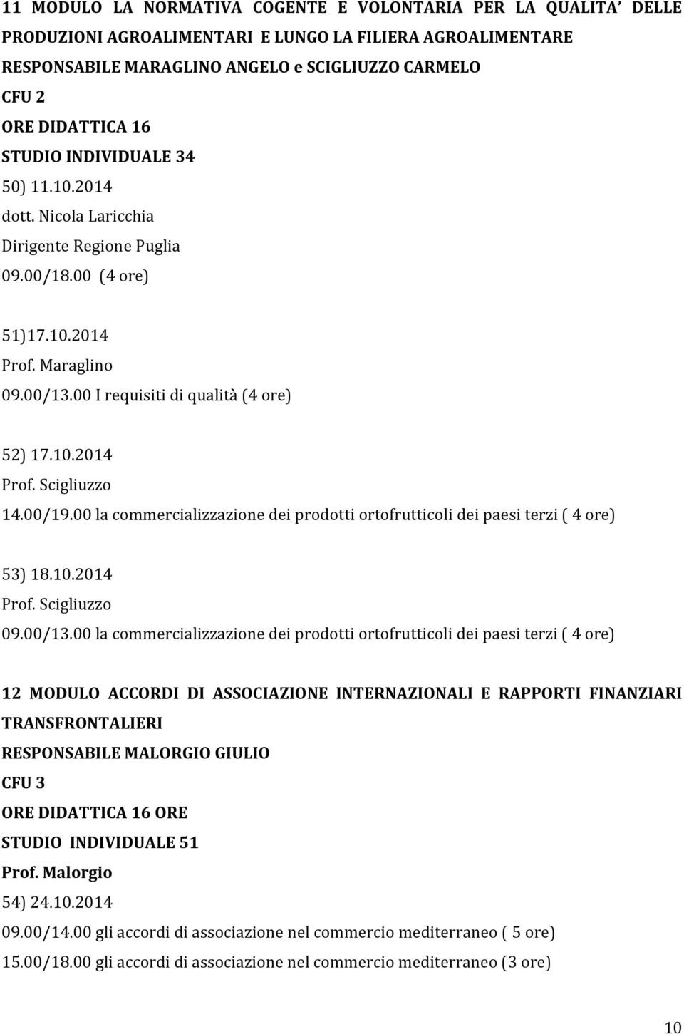 00/19.00 la commercializzazione dei prodotti ortofrutticoli dei paesi terzi ( 4 ore) 53) 18.10.2014 Prof. Scigliuzzo 09.00/13.