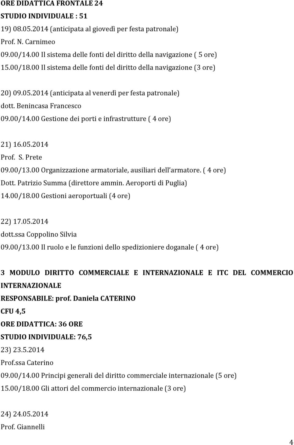 2014 (anticipata al venerdì per festa patronale) dott. Benincasa Francesco 09.00/14.00 Gestione dei porti e infrastrutture ( 4 ore) 21) 16.05.2014 Prof. S. Prete 09.00/13.
