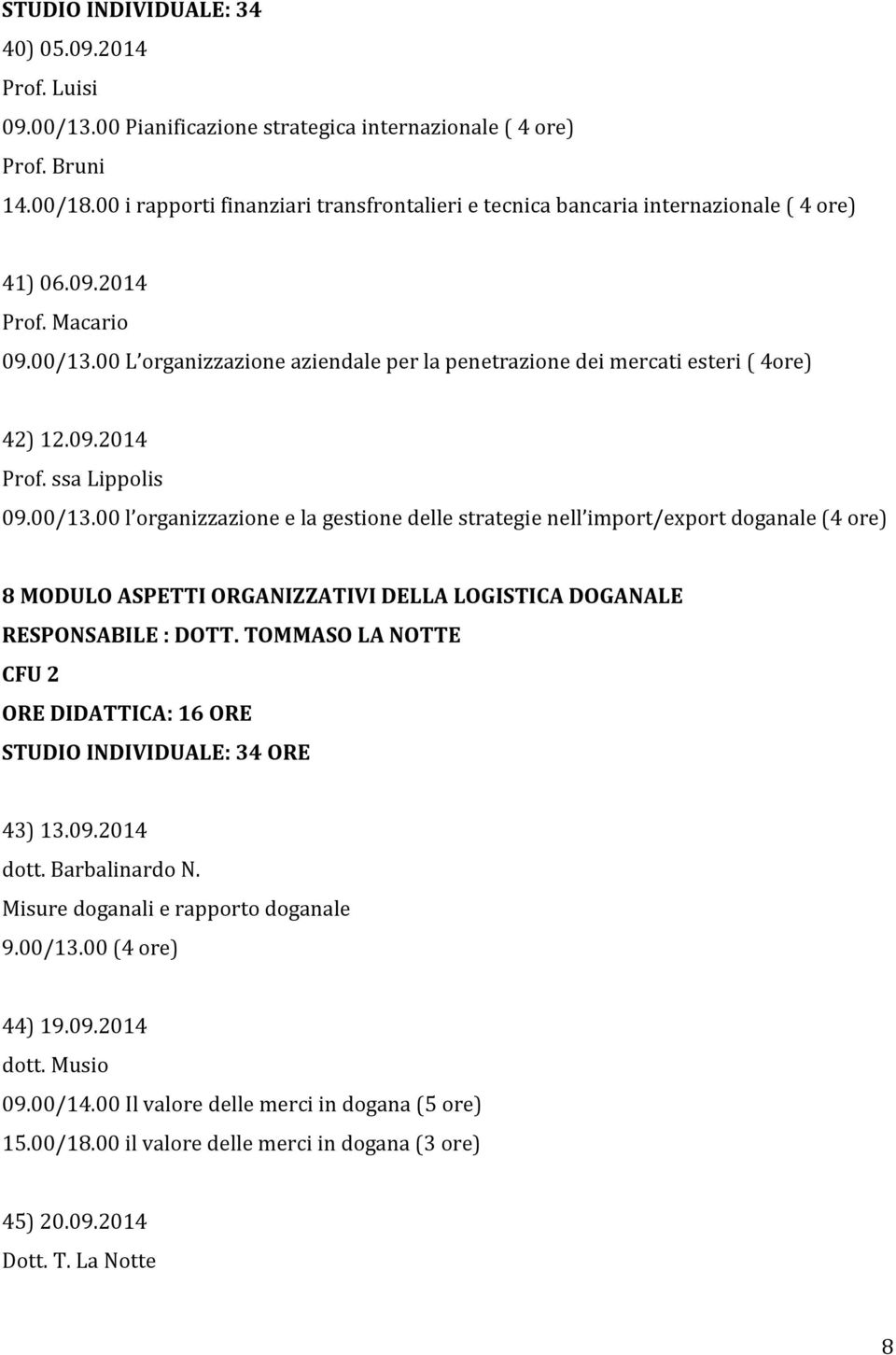 00 L organizzazione aziendale per la penetrazione dei mercati esteri ( 4ore) 42) 12.09.2014 Prof. ssa Lippolis 09.00/13.