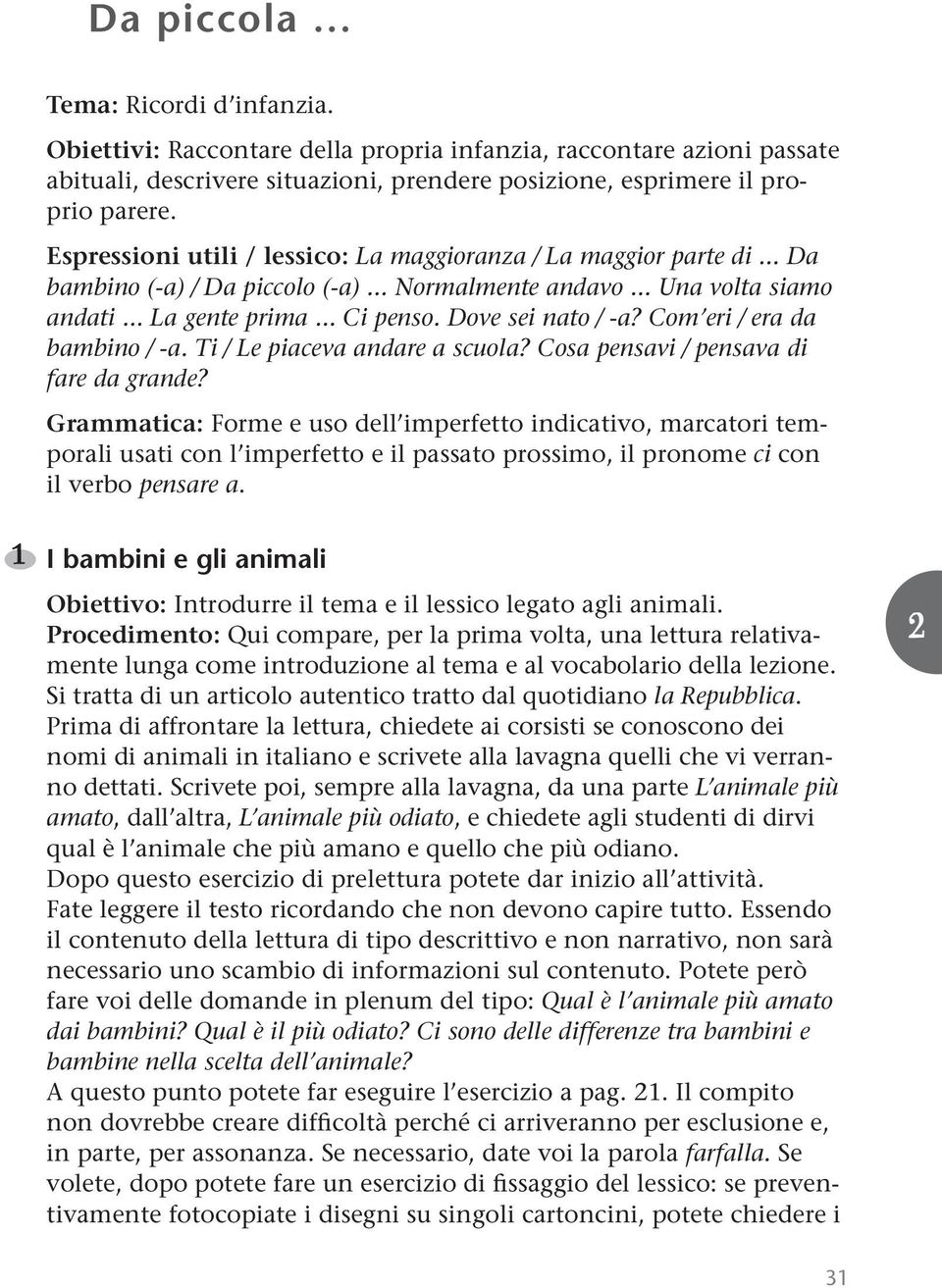 Dove sei nato / -a? Com eri / era da bambino / -a. Ti / Le piaceva andare a scuola? Cosa pensavi / pensava di fare da grande?