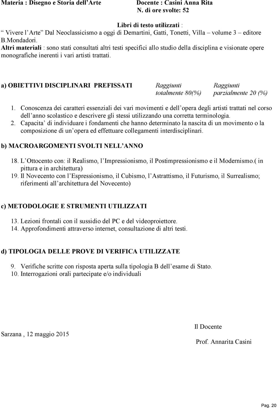 Altri materiali : sono stati consultati altri testi specifici allo studio della disciplina e visionate opere monografiche inerenti i vari artisti trattati.