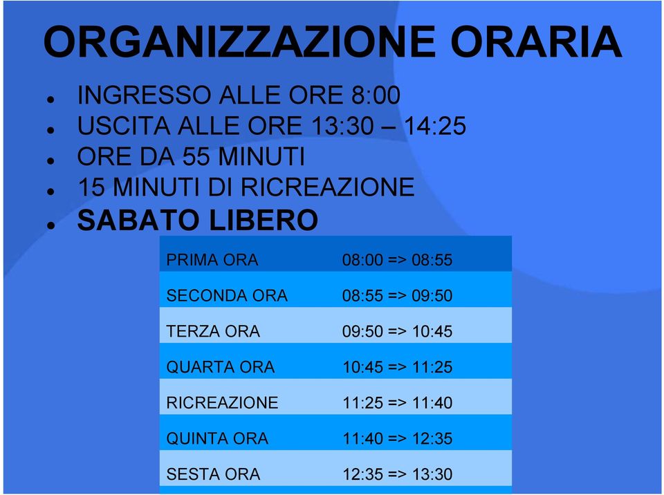 SECONDA ORA 08:55 => 09:50 TERZA ORA 09:50 => 10:45 QUARTA ORA 10:45 => 11:25