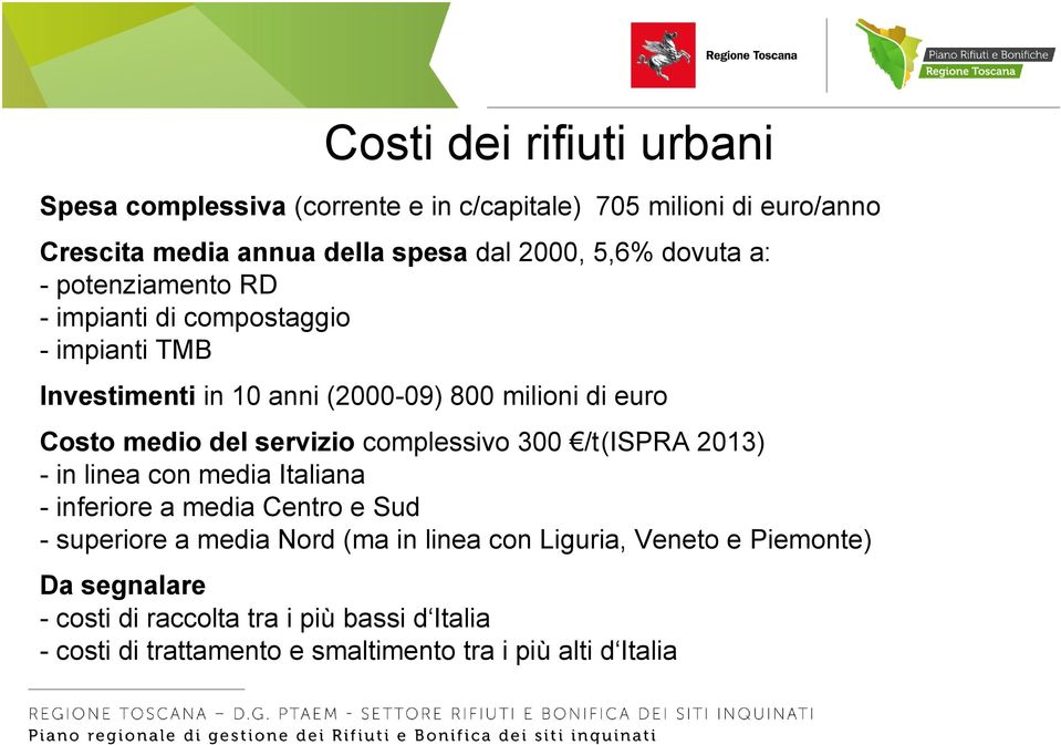 servizio complessivo 300 /t(ispra 2013) - in linea con media Italiana - inferiore a media Centro e Sud - superiore a media Nord (ma in linea