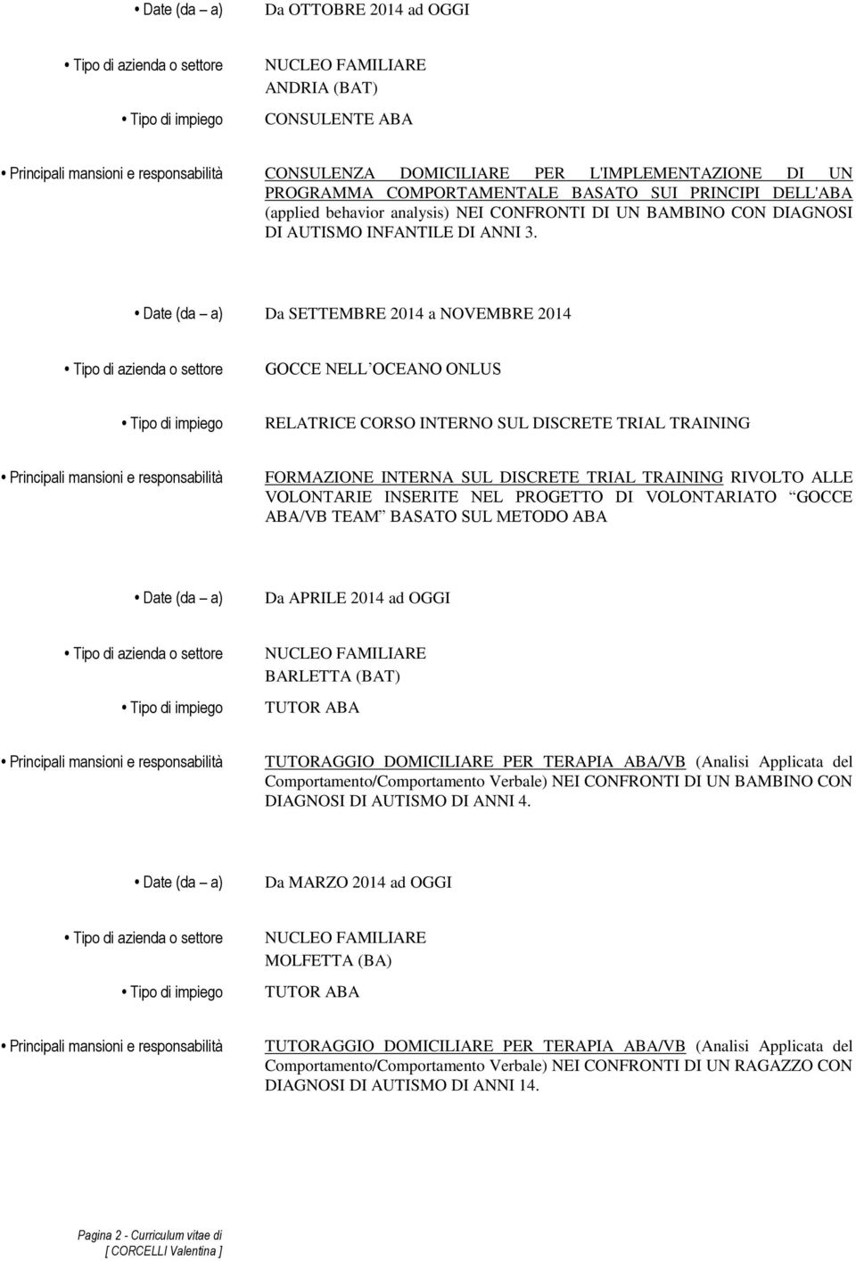 Da SETTEMBRE 2014 a NOVEMBRE 2014 GOCCE NELL OCEANO ONLUS RELATRICE CORSO INTERNO SUL DISCRETE TRIAL TRAINING FORMAZIONE INTERNA SUL DISCRETE TRIAL TRAINING RIVOLTO ALLE VOLONTARIE INSERITE NEL