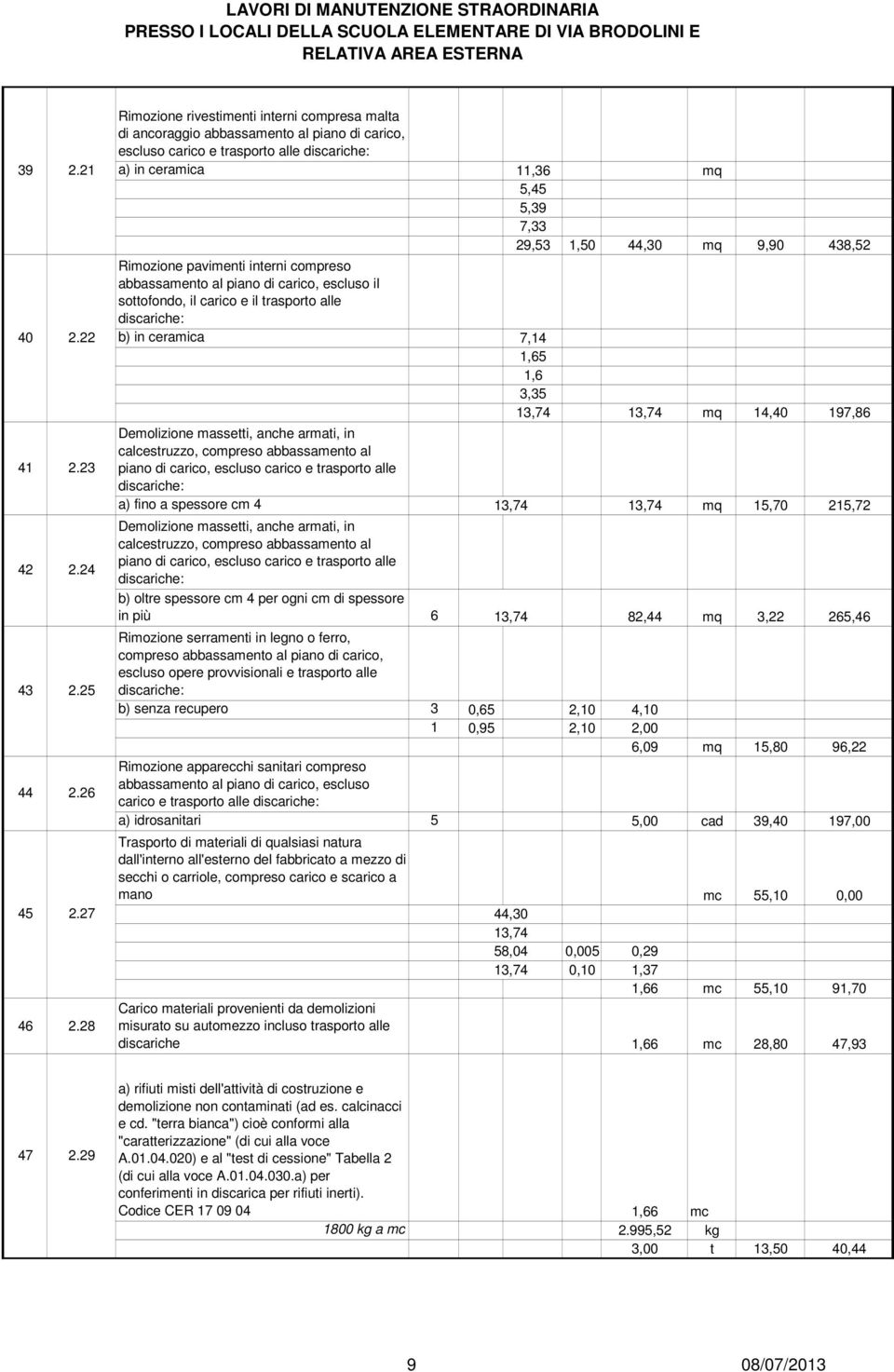 Rimozione pavimenti interni compreso abbassamento al piano di carico, escluso il sottofondo, il carico e il trasporto alle b) in ceramica 7,14 1,65 1,6 3,35 13,74 13,74 mq 14,40 197,86 Demolizione