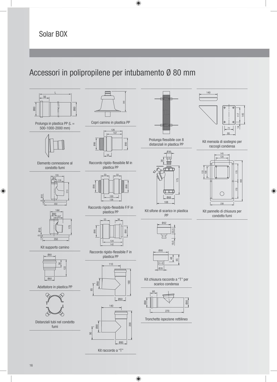 F/F in plastica PP 53 56 108 Ø68 Kit sifone di scarico in plastica PP Ø62 Ø86 350 Kit supporto camino 124 142 Raccordo rigido-flessibile F in plastica PP 56 110 122 Ø60 Adattatore in plastica PP 85