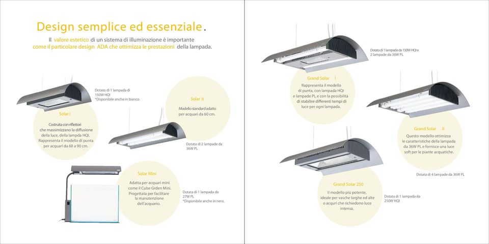 Solar II Grand Solar I Rappresenta il modello di punta, con lampada HQI e lampade PL e con la possibilità Solar I Modello standard adatto per acquari da 60 cm. luce per ogni lampada.