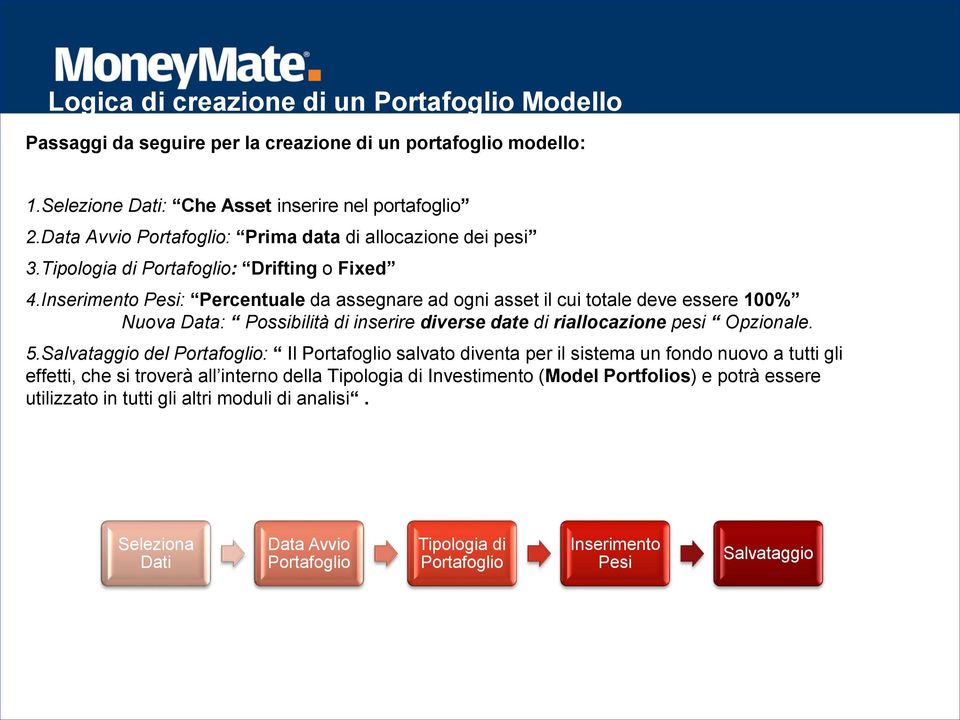 Inserimento Pesi: Percentuale da assegnare ad ogni asset il cui totale deve essere 100% Nuova Data: Possibilità di inserire diverse date di riallocazione pesi Opzionale. 5.